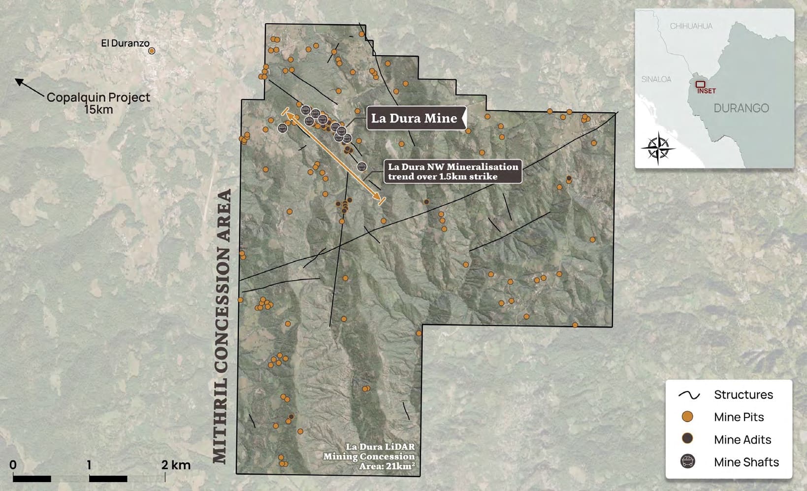 La Dura LiDAR map — concession area with the La Dura mine, the 1.5 km NW mineralisation trend, structures and historic mine pits, adits and shafts