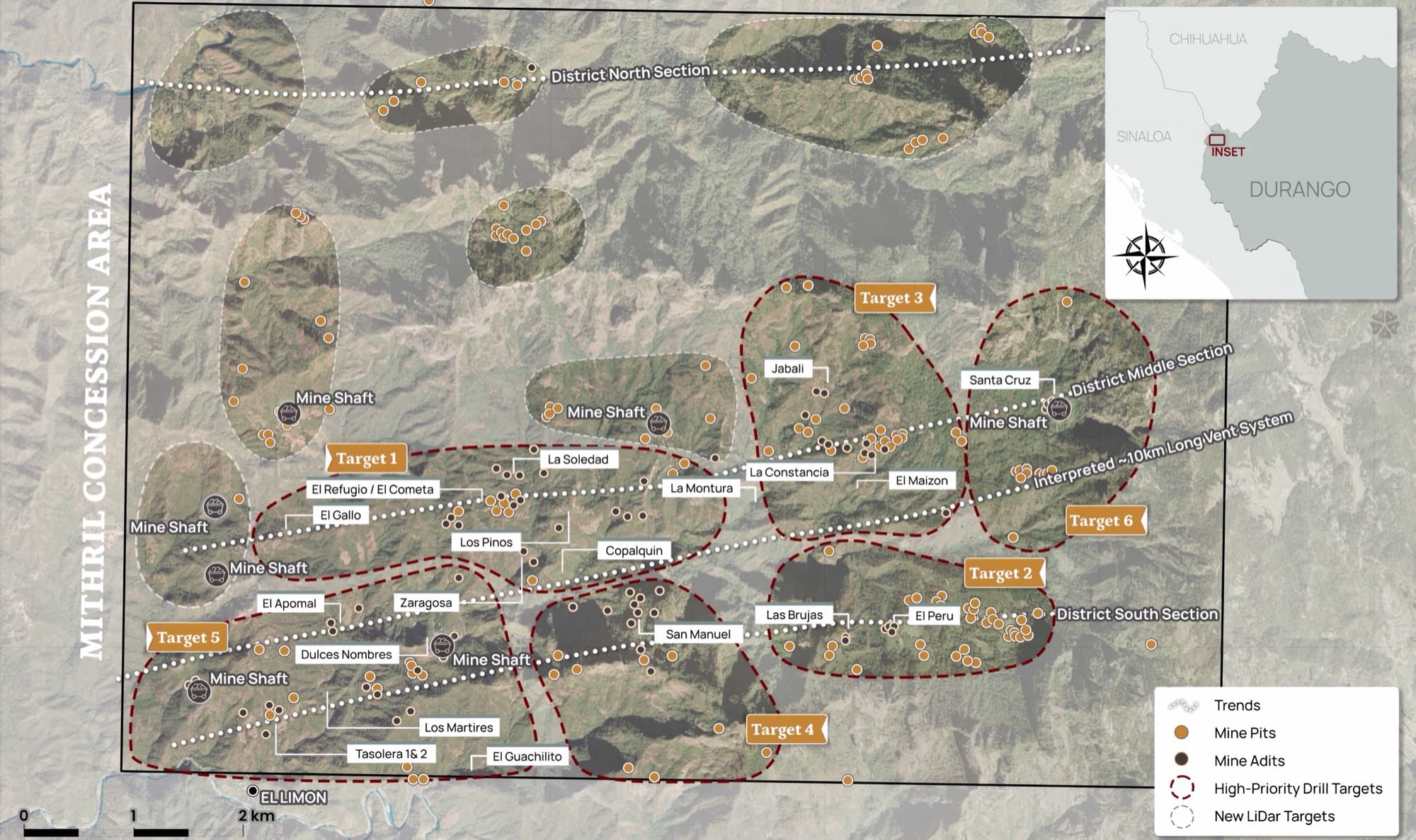 Copalquin District target map — 13 targets across 70 km²