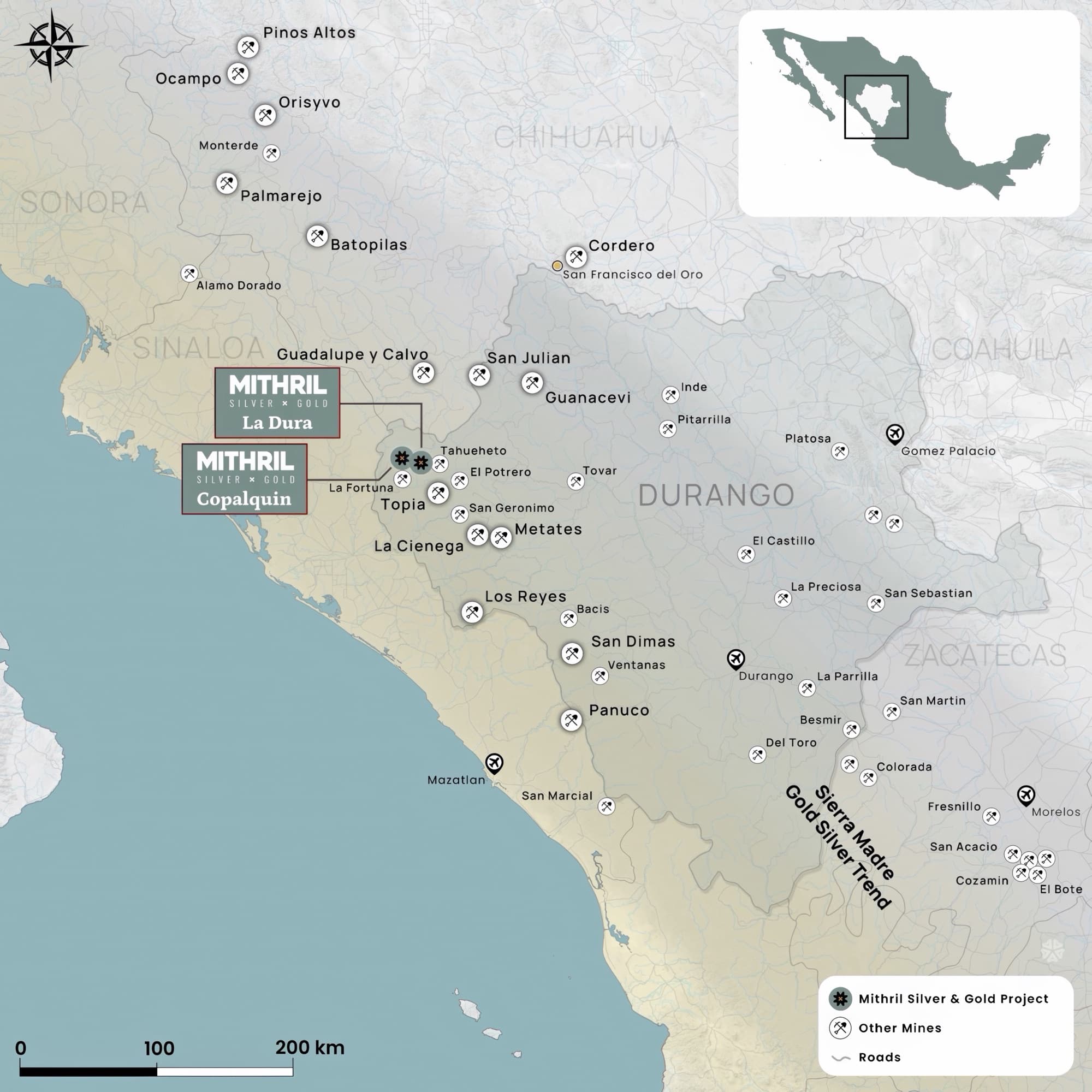 Regional map — Copalquin and La Dura among the Sierra Madre's producing silver-gold mines